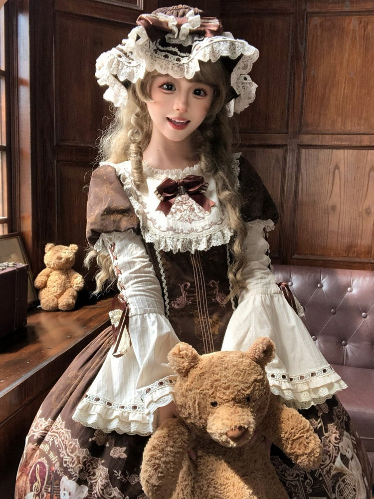 Brown Lace Trim Baby Hat with Bow - Twin Bear Original Design