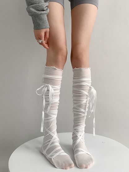 Calf White/Black/Gray Bow Ballet-Style Design Socks Strappy
