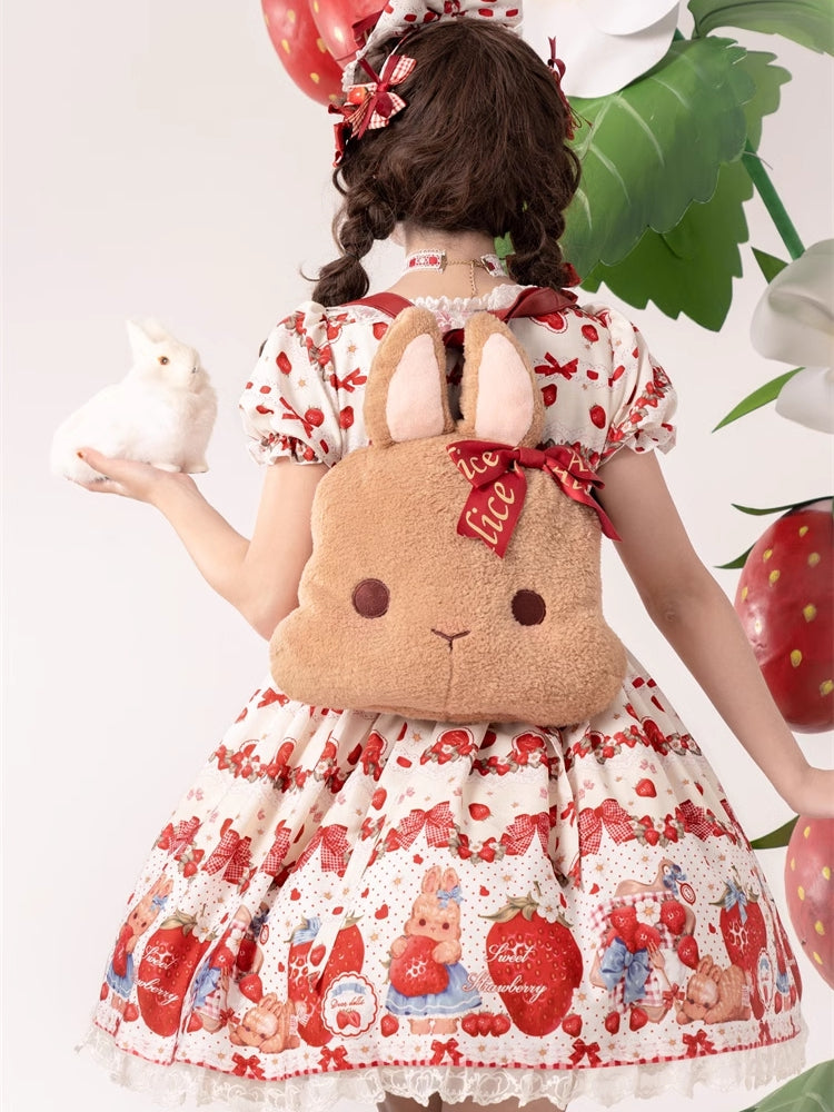Frühlings-Erdbeer- und Kaninchen-Print, Spitzenbesatz, Schleife, Akzente, Beige, süßes Lolita-Kleid, einteilig