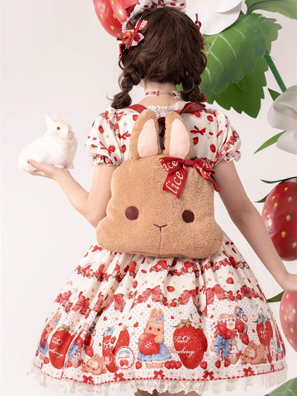 Frühlings-Erdbeer- und Kaninchen-Print, Spitzenbesatz, Schleife, Akzente, Beige, süßes Lolita-Kleid, einteilig