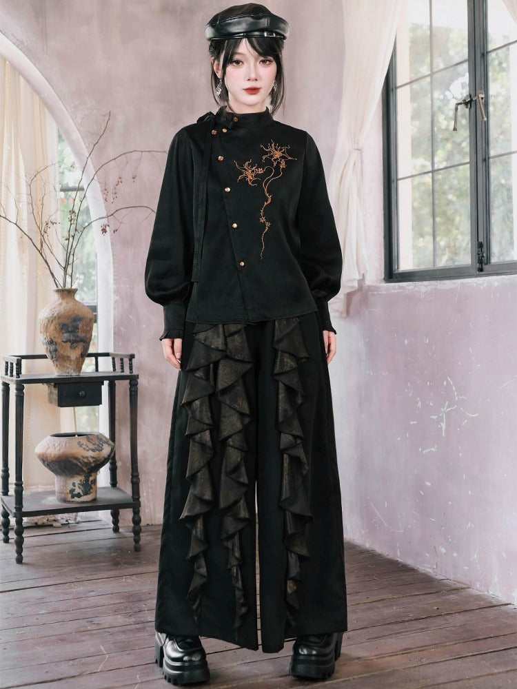 Black Stand Collar Long Sleeve Shirt with Asymmetric Placket, Mandala Embroidery and Tie Accents - Quirky Hut