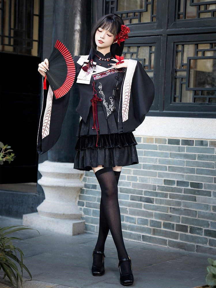 Chinese Style Black Red Wide Sleeve Asymmetrical Top Skirt Necklace Outfit - Unknown Star