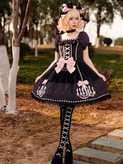 Dot Dress and Lolita with Sweet Print Polka Suede Black Chandelier Pink Bows