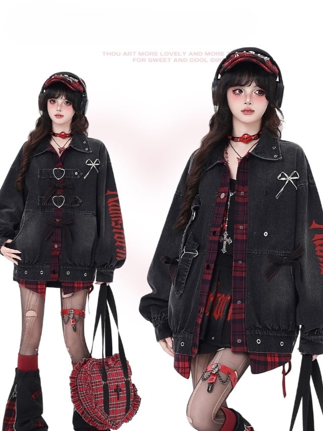 Faux Two-Piece Denim Jacket with Plaid Patchwork and Bowknot Details Black