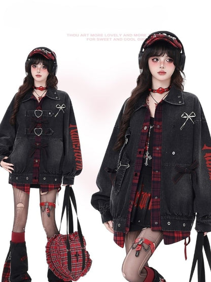 Faux Two-Piece Denim Jacket with Plaid Patchwork and Bowknot Details Black