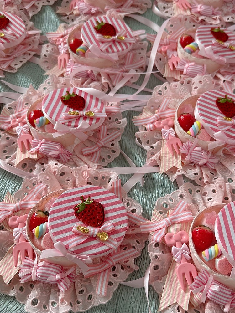 with Lolita and Striped Hairclip Embroidery Strawberry Pink Bow Candy Box White