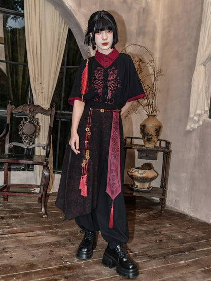 Chinese Print Gothic Black Drawstring Cuffs Talisman Red Pants Sash Wide-leg And With