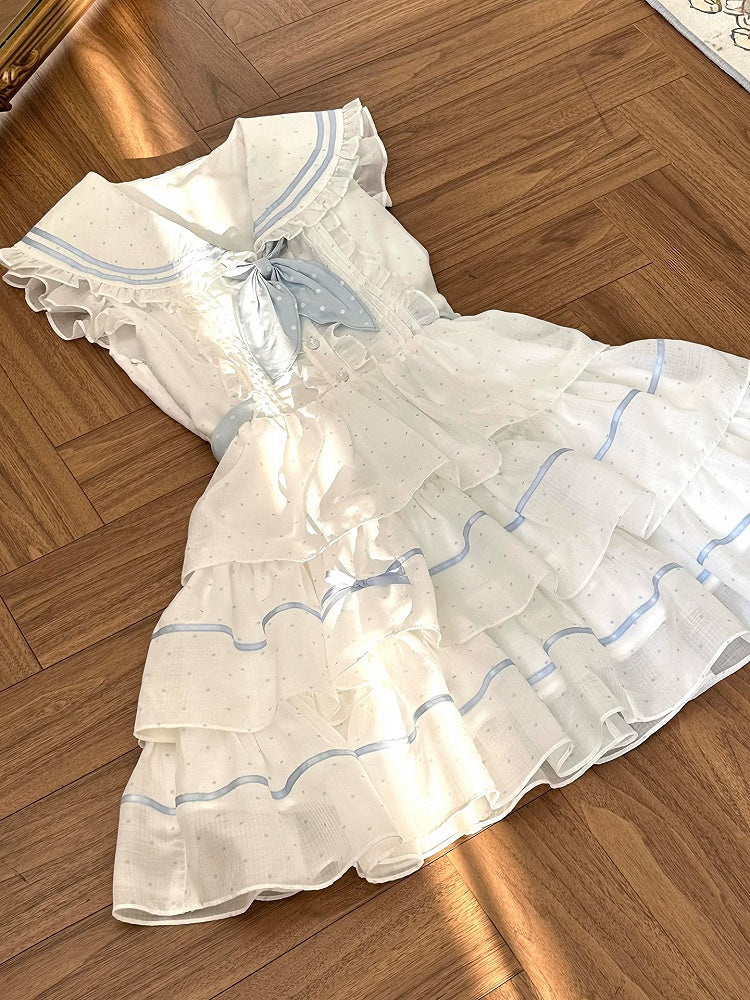Weiß-blaues Kleid mit Tupfenmuster und Matrosenkragen Navycore