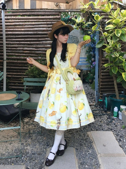 Yellow Sweet Lolita Floral Print Jumper Dress with Cat Motif - Cutey Mask