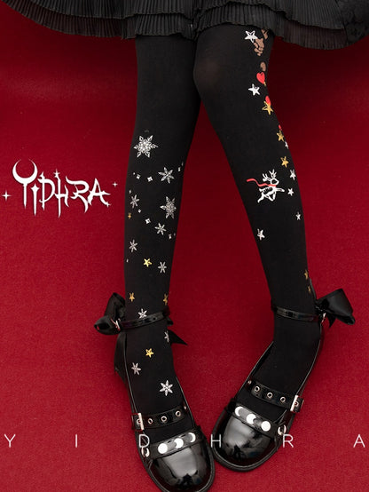 Lolita-Strumpfhose mit Schneeflocken- und Rentier-Print und Weihnachtsstimmung