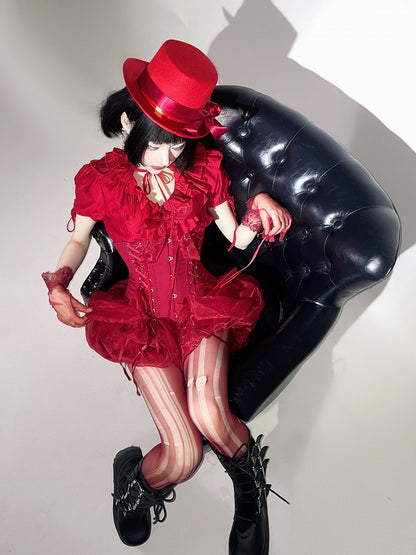 Waist Lolita Blouse Layered Ruffles Gothic Smocked Neckline Red with Elastic