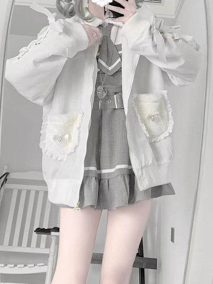 White Jirai Kei Plush Bunny Ear Jacket with Sleeve Lace-Up Detail & Decorative Crossed Pins Back