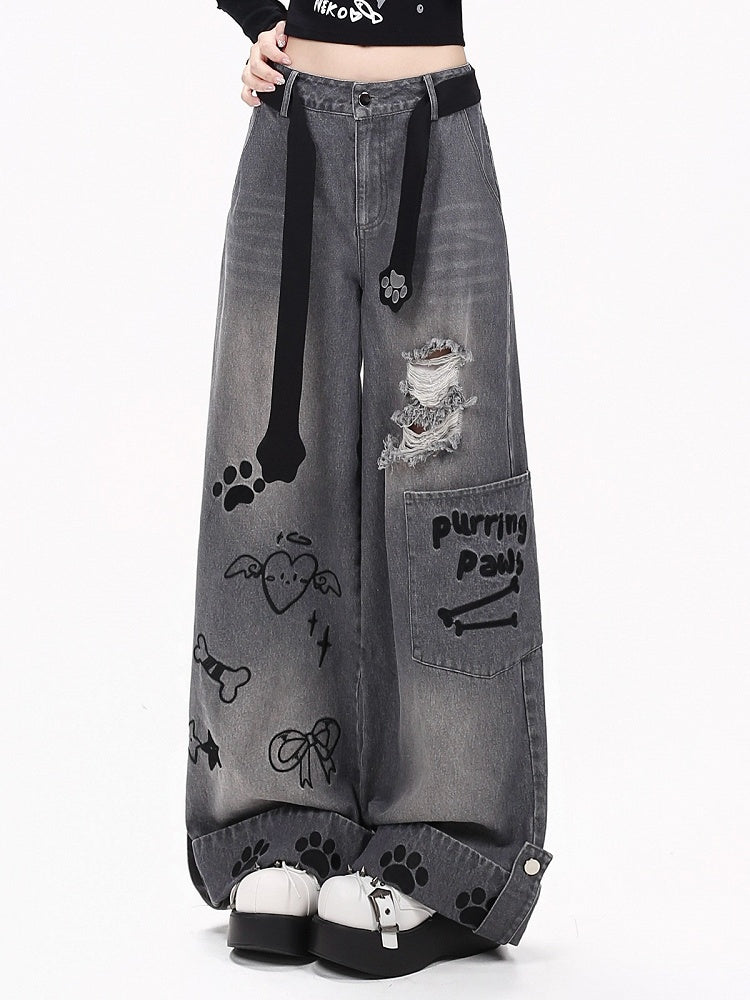 Distressed Straight-Leg Jeans with Embroidery - CRAZY GIRL