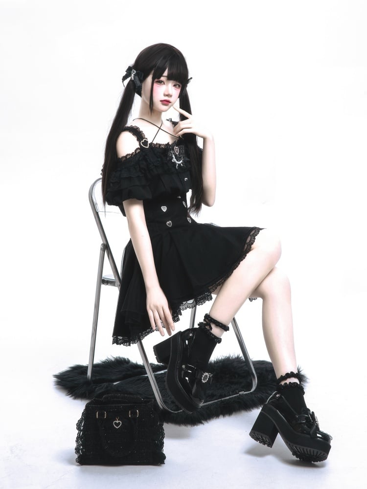 Trim Skirt Buttons Lace Sweetheart with Jirai Kei Black High Waist