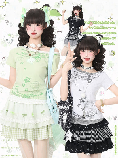 Black Y2K Fake Two-Piece Short Sleeve Tee with Cartoon Print - Languid Park