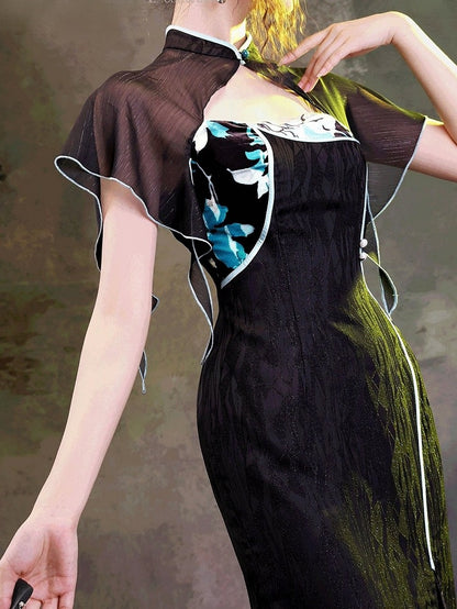 Cheongsam Style Side Slit Gown with Dark Floral Embroidery Back & Flutter Sleeves - sijinstudio