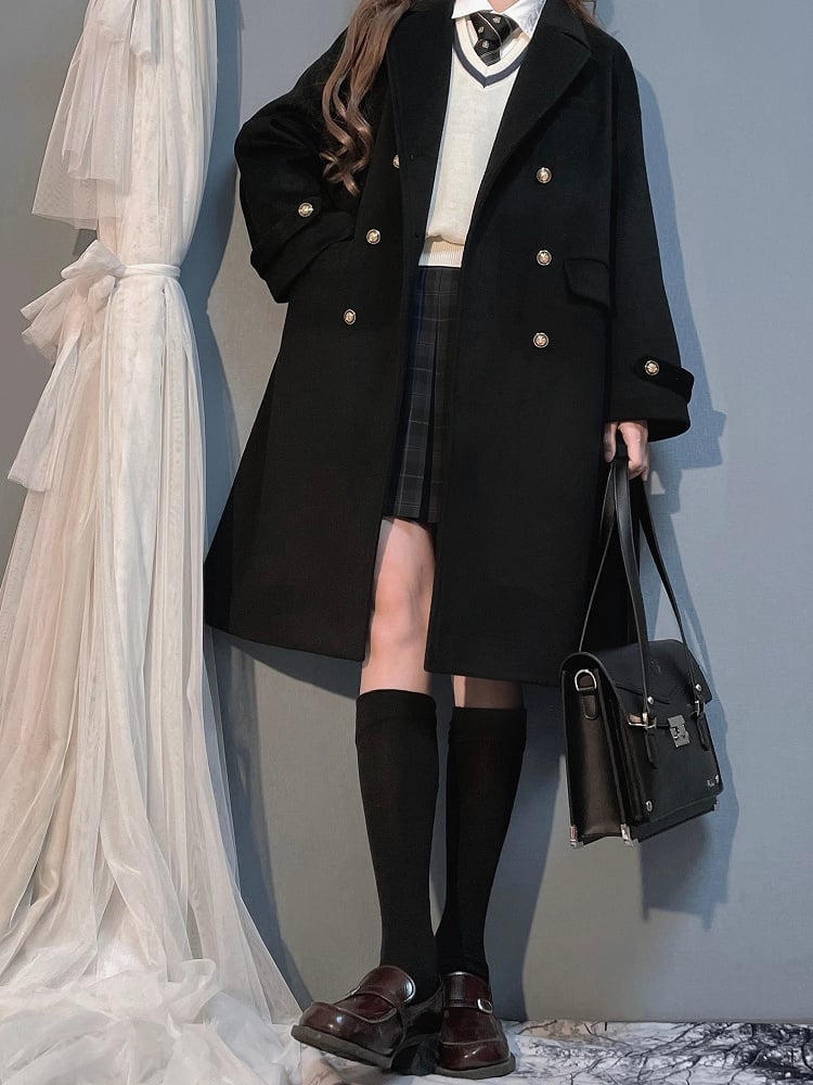 Black Notched Collar Double-Breasted Woolen Coat
