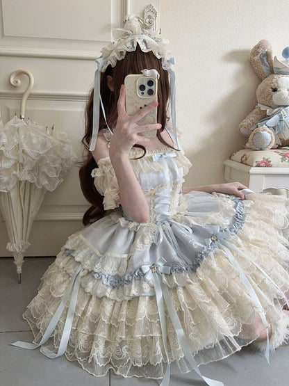 Details Sweet + Skirt Bow Large Princess Lace with Train Blue Dress / Ribbon Only Ballet-Style JSK Multi-Layer