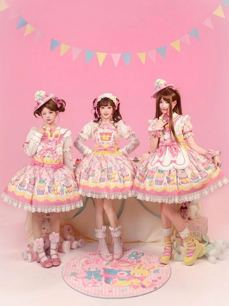 Trim Flutter and Sleeves Yellow Lolita JSK Cupcake with Dress Prints Sweet Lace Pink