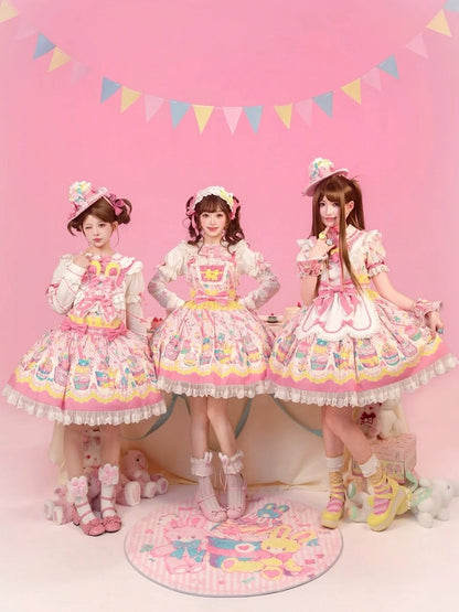 Trim Flutter and Sleeves Yellow Lolita JSK Cupcake with Dress Prints Sweet Lace Pink