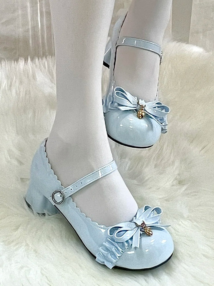 Accent Blue Bow Round Lolita Mid Toe Heels Berry Sweet PU with -