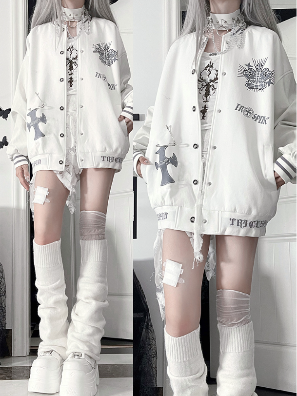 Jacketwith Baseball PrintStriped Gray Cuff Vintage Gothic White Crown+Wing