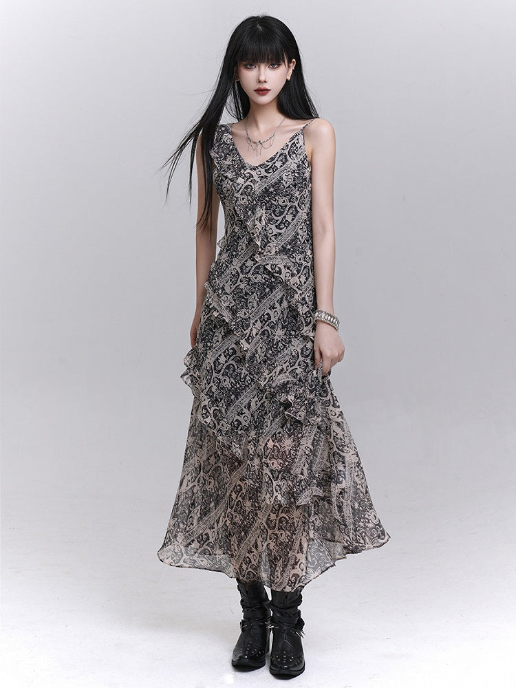 Cascading Trim Ankle-Length with Gothic Dress Gray Ruffle A-Line Tie-Dye