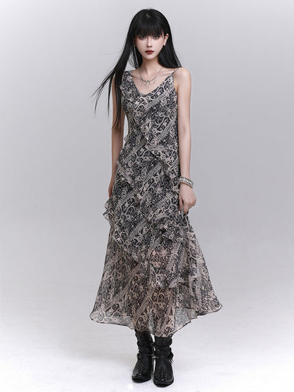 Cascading Trim Ankle-Length with Gothic Dress Gray Ruffle A-Line Tie-Dye