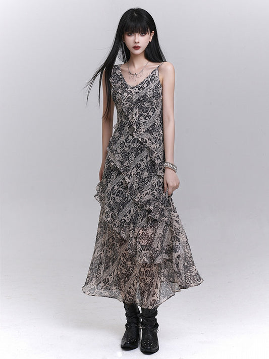Cascading Trim Ankle-Length with Gothic Dress Gray Ruffle A-Line Tie-Dye