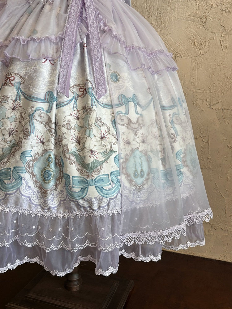 Purple Lily Print Lolita JSK Gown with Tulle Overlay and Back Bow Set - White Sugar Girl