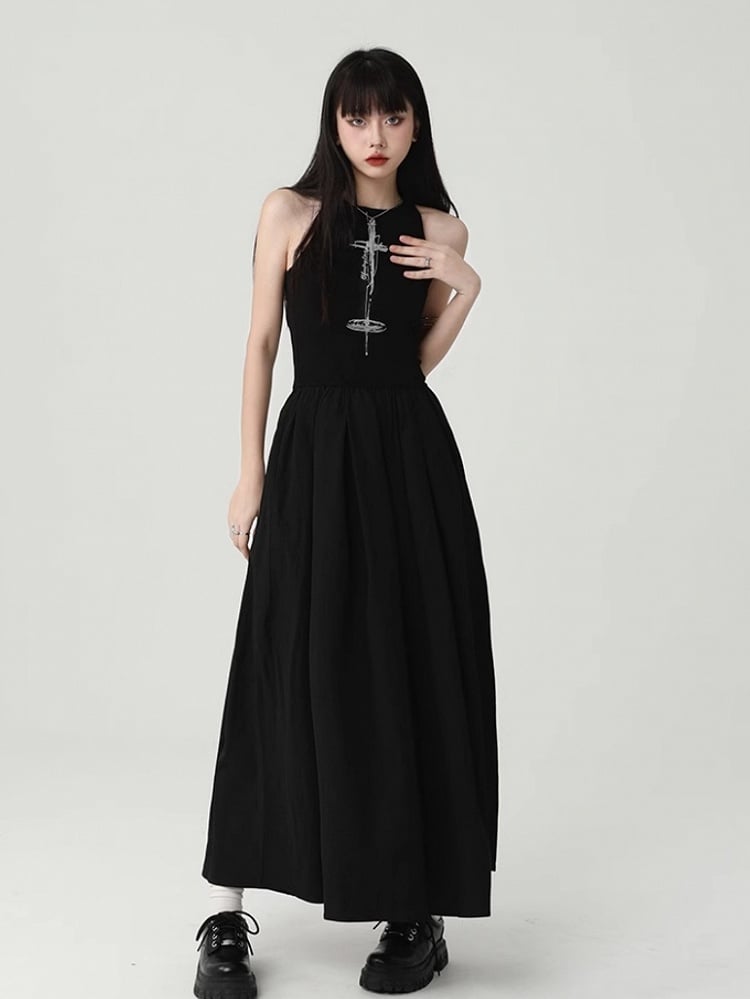 Gothic Black Round Neck Cross Sleeveless Dress