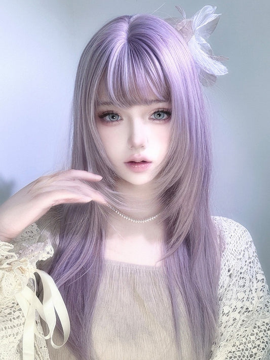 ストレートウィッグ 前髪あり エア付き パープル 65cm
