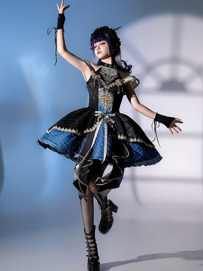 Skirt Gothic Design Cross Off-shoulder and Mock Front Print Jumper Cascading Neck Ruffles