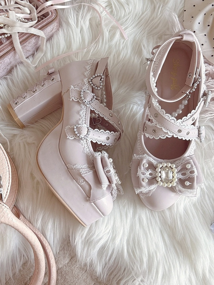 Pink Platform Mary Janes with Crystal Detail - Sheep Puff