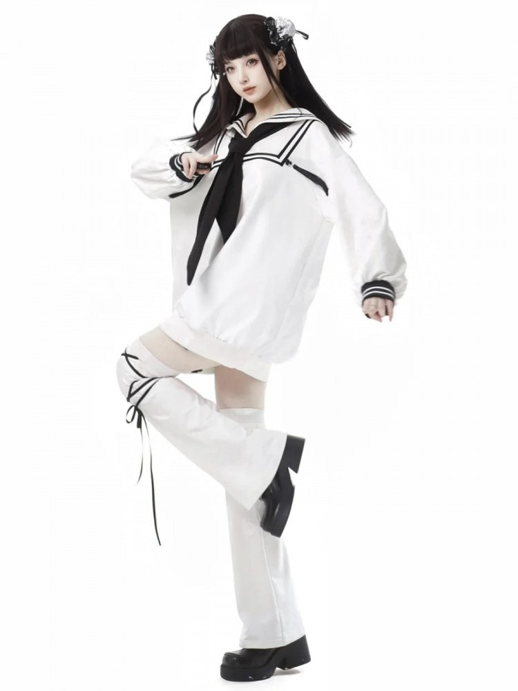 ホワイトセーラーカラープレッピースタイルスウェットシャツ