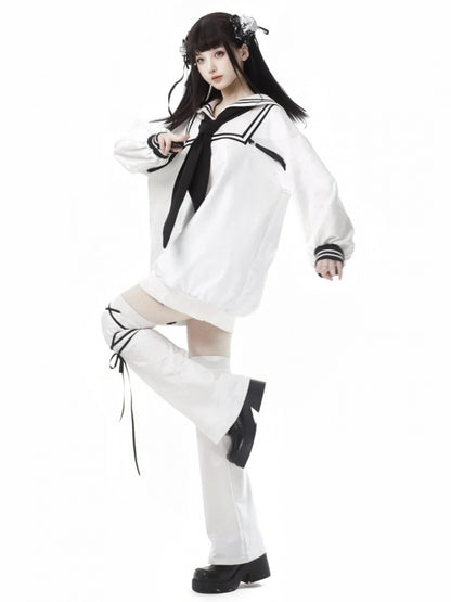 ホワイトセーラーカラープレッピースタイルスウェットシャツ