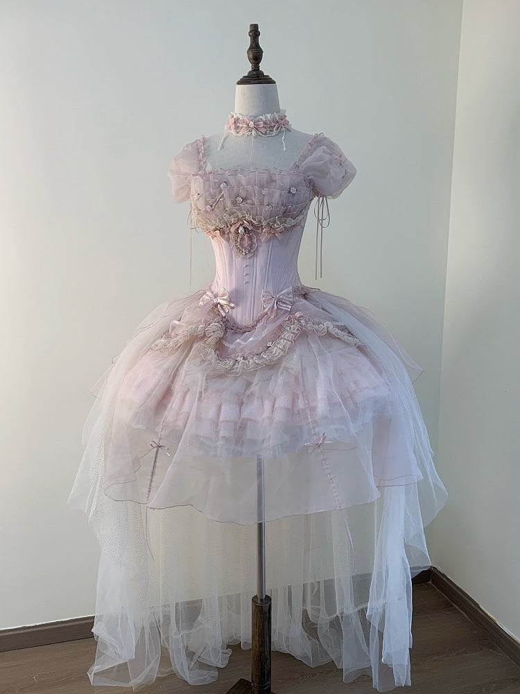 Ärmel Lagen-Outfit Top Korsett Balletcore Rüschen Rosa Stäbchen Puff Prinzessin Lolita + Rock BE006