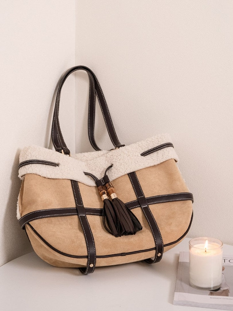 Brown Tote Bag With Vintage Bamboo Knot Accents - Large Capacity Shoulder Bag For Fall And Winter Plush Trim