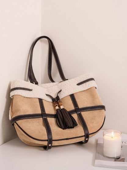 Brown Tote Bag With Vintage Bamboo Knot Accents - Large Capacity Shoulder Bag For Fall And Winter Plush Trim