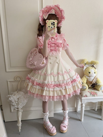 Pink Yellow Sweet Hemline Bows Ruffle Decorated Old Layered and