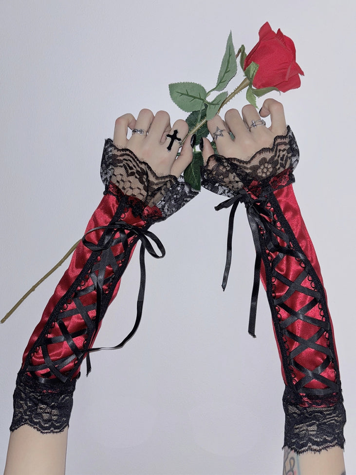 Spitze Y2K Ärmel Schnürbesatz Pink/Schwarz/Lila/Rot Glamouröses Detail