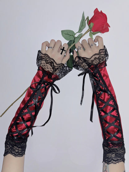 Spitze Y2K Ärmel Schnürbesatz Pink/Schwarz/Lila/Rot Glamouröses Detail