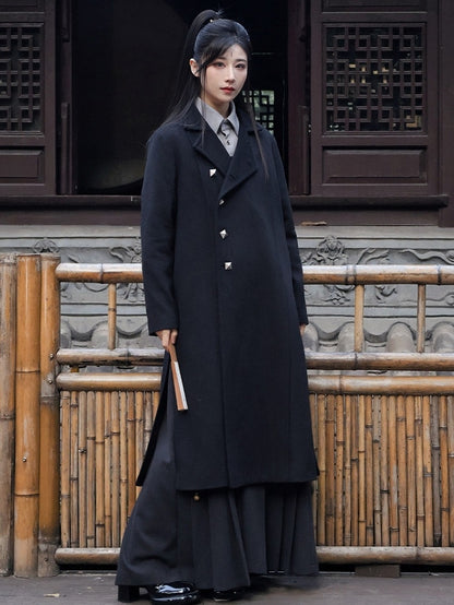 Side Button Style Slits Scarf with Front Set Placket Chinese Unisex - Coat Black