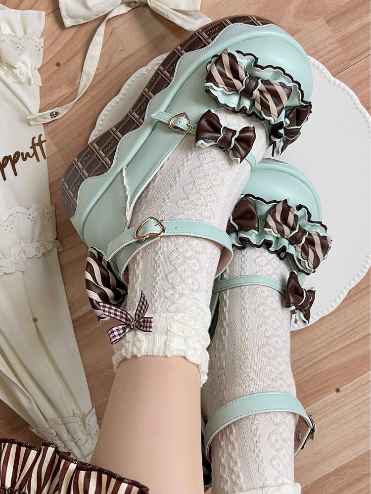 Mint Green Heart Buckle Lolita Shoes - Sheep Puff