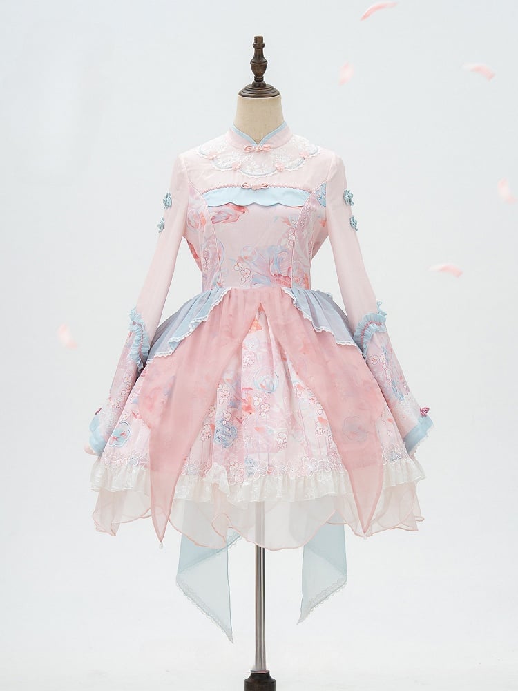 Long with Print Golden Blue Lolita and Sleeves Fish Pink Dress Floral Han