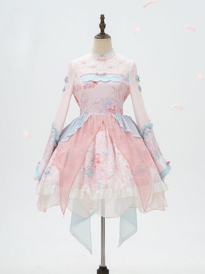Long with Print Golden Blue Lolita and Sleeves Fish Pink Dress Floral Han