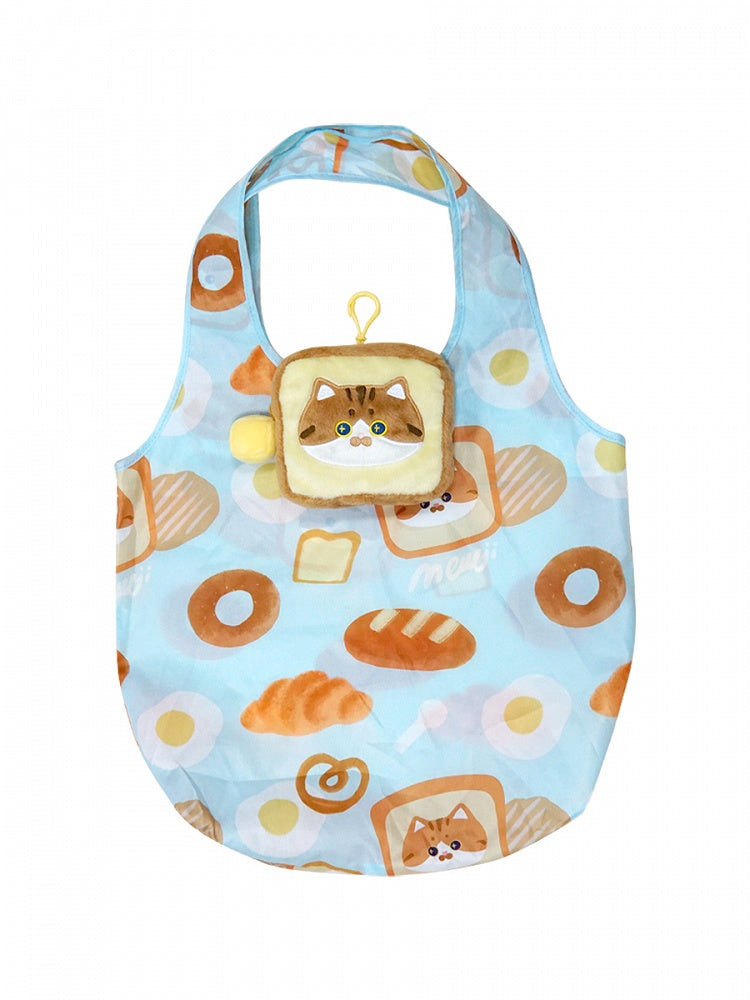かわいい猫とパンのプリントのブルーショルダーバッグ