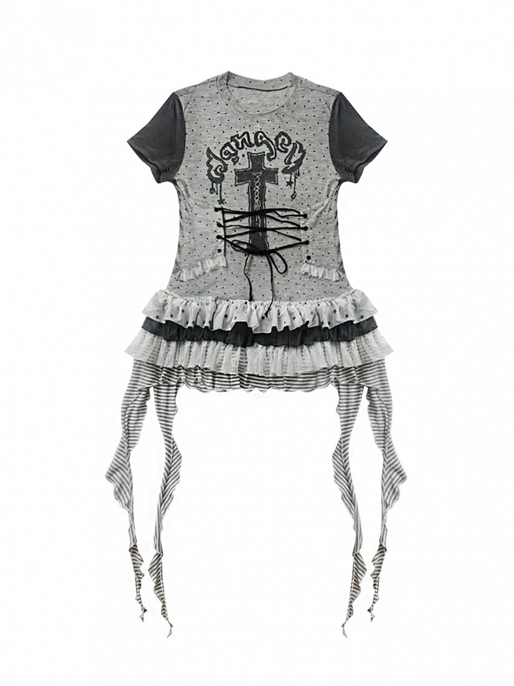 Punk Cross with Layered T-Shirt Print Ruffle Gray Dot Skirt Dress Polka