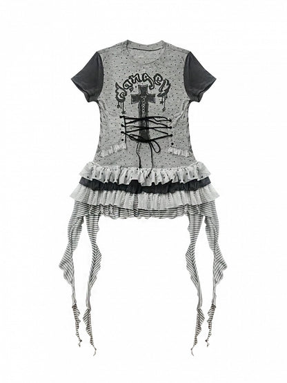 Punk Cross with Layered T-Shirt Print Ruffle Gray Dot Skirt Dress Polka