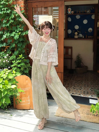 フリンジヘムホリデートップ ライトグリーン ホルターネック フローラルプリント